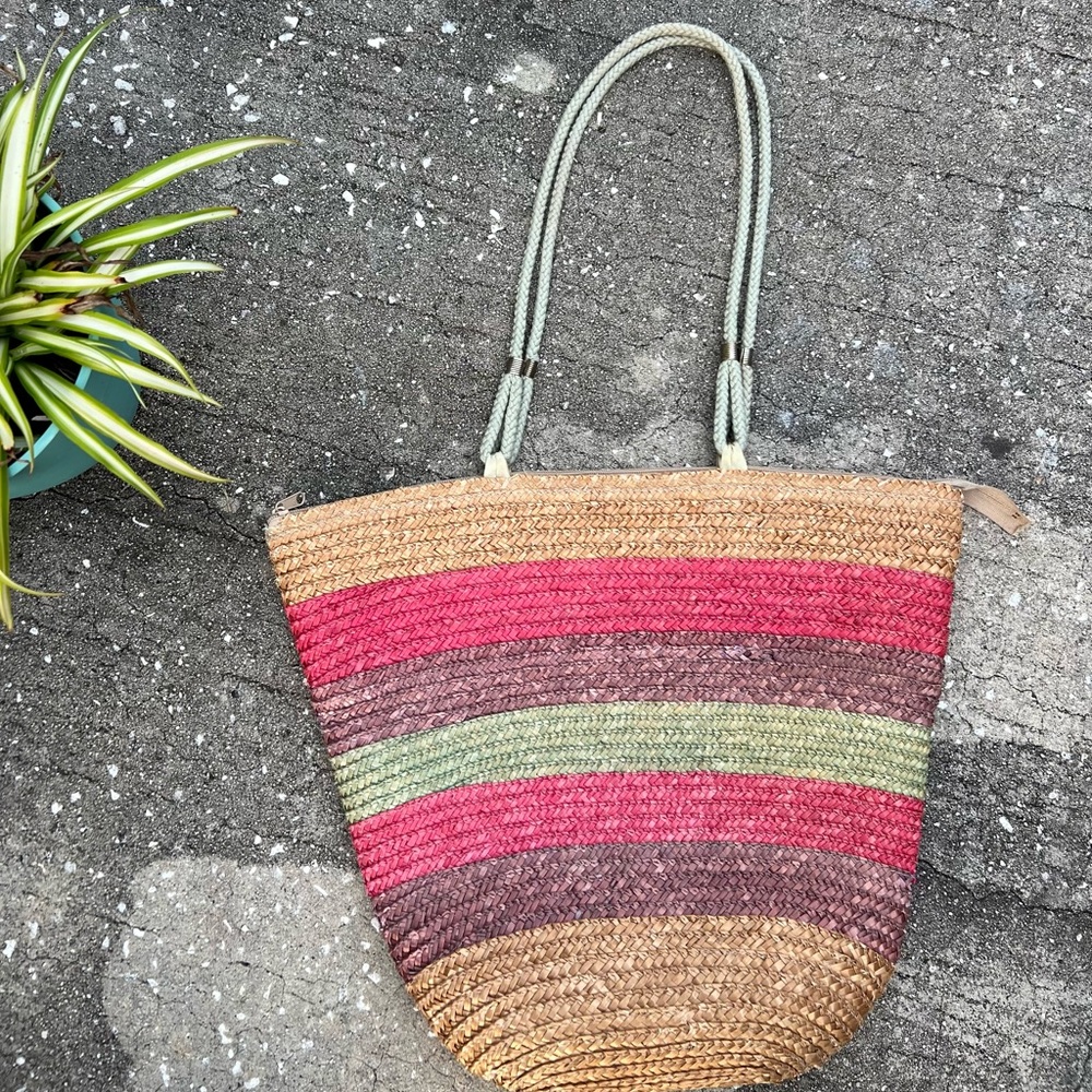 Striped Woven Tote Bag with Rope Handles